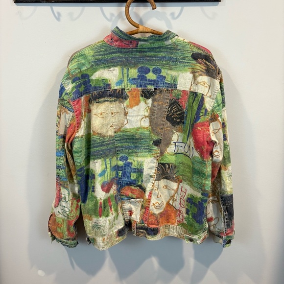 Vtg Chico’s Abstract Art to Wear Faces Graffiti Funky Linen Jacket Size 3/XL - Picture 6 of 11